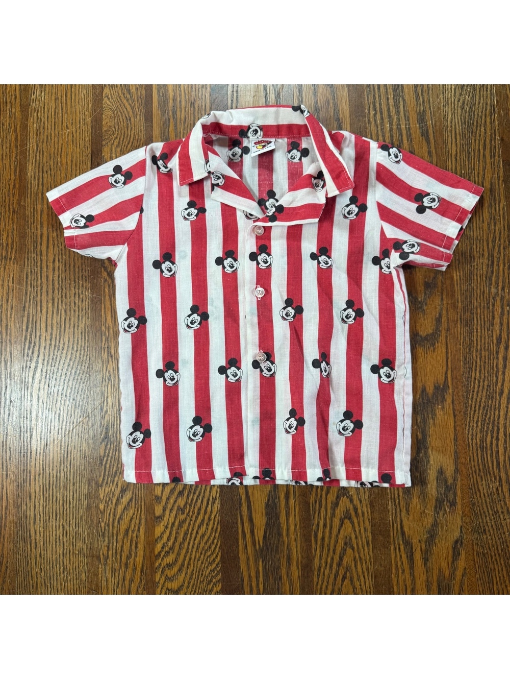 VTG 80s Disney Mickey Mouse All Over Print Red White Striped Button Down 3T